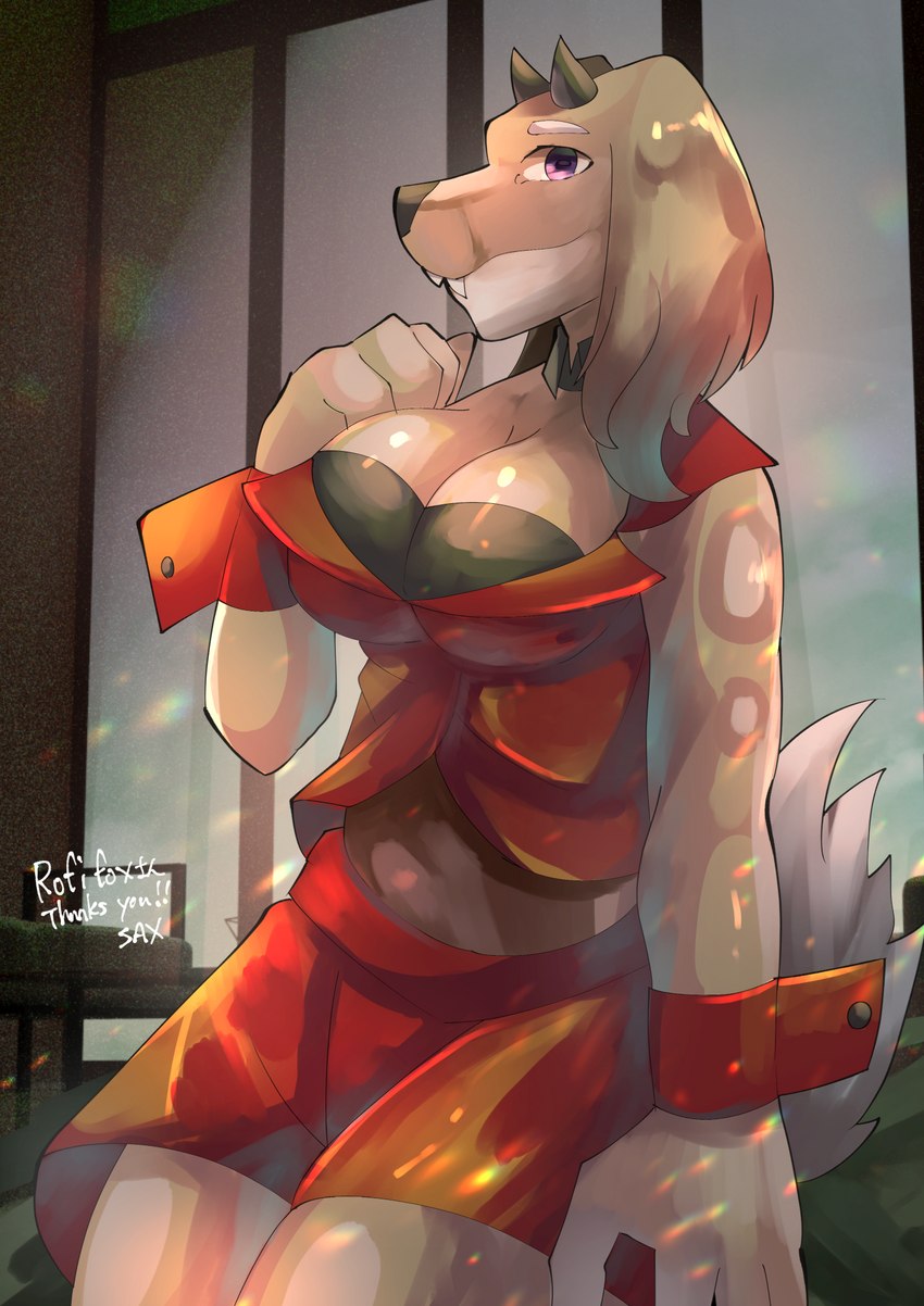 4_fingers anthro big_breasts bottomwear breasts brown_body brown_fur cleavage clothed clothing cosplay cuff_links eyebrows female fingers floppy_ears fur horn inside navel purple_eyes shirt shirt_collar sitting skirt sleeveless_shirt solo topwear white_body white_fur sax_(pixiv) vocaloid meiko_(vocaloid) sally_hazel bird_dog bovid canid canine canis caprine cocker_spaniel domestic_dog goat hunting_dog hybrid mammal spaniel 2023 digital_media_(artwork) hi_res