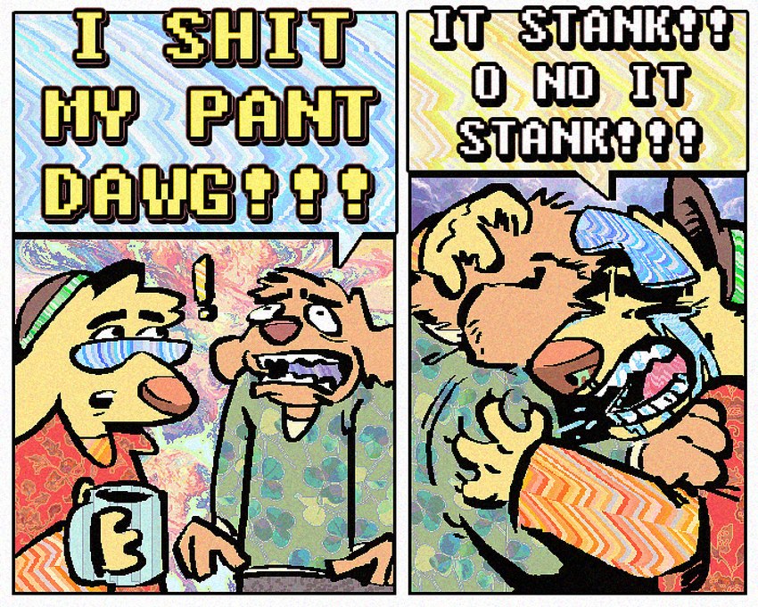 2_panel_comic aloha_shirt anthro bodily_fluids clothing container crying cup dialogue duo eyes_closed eyewear fur hat headgear headwear holding_container holding_cup holding_mug holding_object hug humor male mug pattern_clothing pattern_shirt pattern_topwear shirt snot sunglasses tears text topwear yellow_body yellow_fur rawdawgcomics rawdawgcomics_(series) stahli_(rawdawgcomics) canid canine canis domestic_dog mammal 5:4 artist_name comic digital_media_(artwork) english_text
