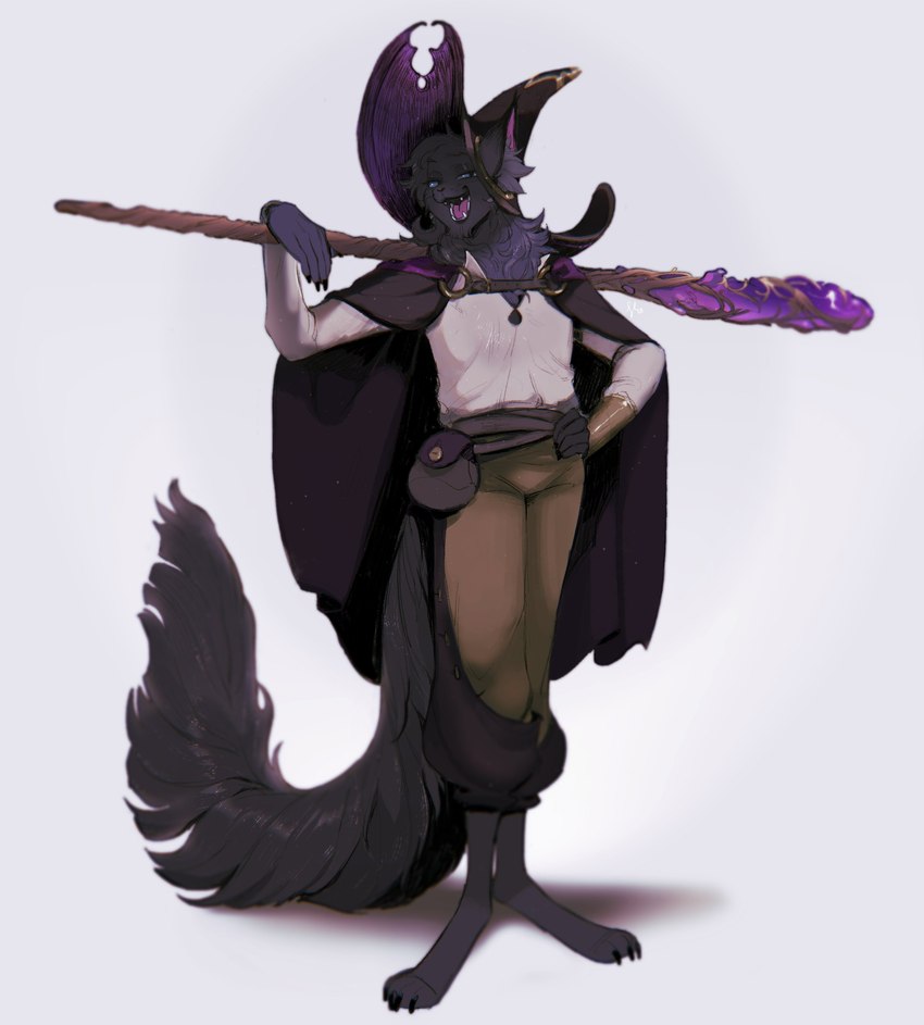 anthro barefoot black_body black_cape black_clothing black_fur bottomwear cape clothing feet fur hat headgear headwear holding_object holding_staff looking_at_viewer magic_user male open_mouth pants shirt smile solo staff topwear witch_hat indigo_cho domestic_cat felid feline felis mammal 2018 absurd_res digital_media_(artwork) hi_res