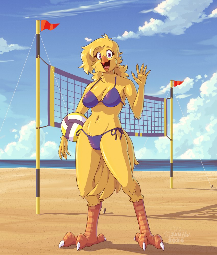 anthro avian_feet ball beach beak bikini breasts clothing eyebrows eyelashes feathers female gesture looking_at_viewer navel neck_tuft net open_beak open_mouth outside purple_bikini purple_clothing purple_eyes purple_swimwear side-tie_bikini solo sport string_bikini swimwear tuft two-piece_swimsuit volleyball volleyball_(ball) volleyball_net waving yellow_body yellow_feathers sammfeatblueheart avian bird 2024 absurd_res hi_res