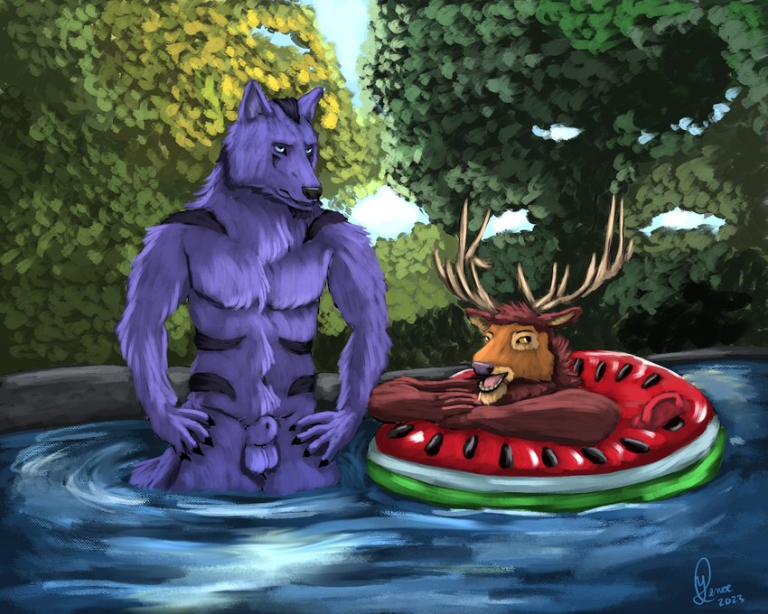 animal_genitalia anthro antlers balls blue_body blue_fur brown_body brown_fur disappointed duo food fruit fur genitals happy horn leaf male melon nude plant pool pool_toy red_elk sheath sky tree tube water watermelon yenocwolf kinktober karlos_(character) mo_(momamo) canid canine canis mammal wolf 5:4 absurd_res hi_res