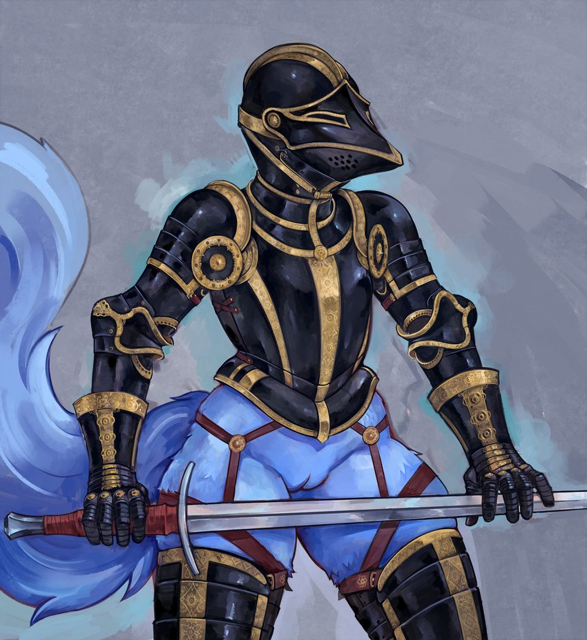 anthro armor blue_body blue_fur bottomless clothed clothing female fur genitals medieval_armor melee_weapon pussy solo sword unconvincing_armor weapon armpitcore420 victoria_voss canid canine fox mammal hi_res