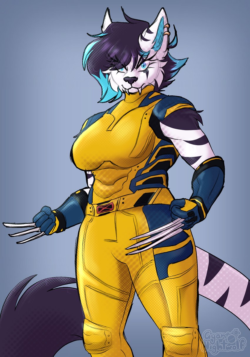 anthro breasts claws clothed clothing ear_piercing fangs female fur highlights_(coloring) piercing sabertooth_(anatomy) simple_background solo striped_body striped_fur stripes superhero_costume tail teeth white_body white_fur gyan_nightwolf deadpool_&_wolverine_(2024) marvel marvel_cinematic_universe leyla_katzend wolverine_(marvel) felid feline mammal prehistoric_species saber-toothed_tiger digital_media_(artwork) hi_res