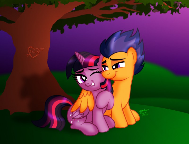 bite biting_lip biting_own_lip cuddling duo feathered_wings feathers female feral horn hug inscription lidded_eyes male plant self_bite sunset tree wings aleximusprime friendship_is_magic hasbro my_little_pony mythology flash_sentry_(mlp) twilight_sparkle_(mlp) equid equine mammal mythological_creature mythological_equine pegasus winged_unicorn hi_res