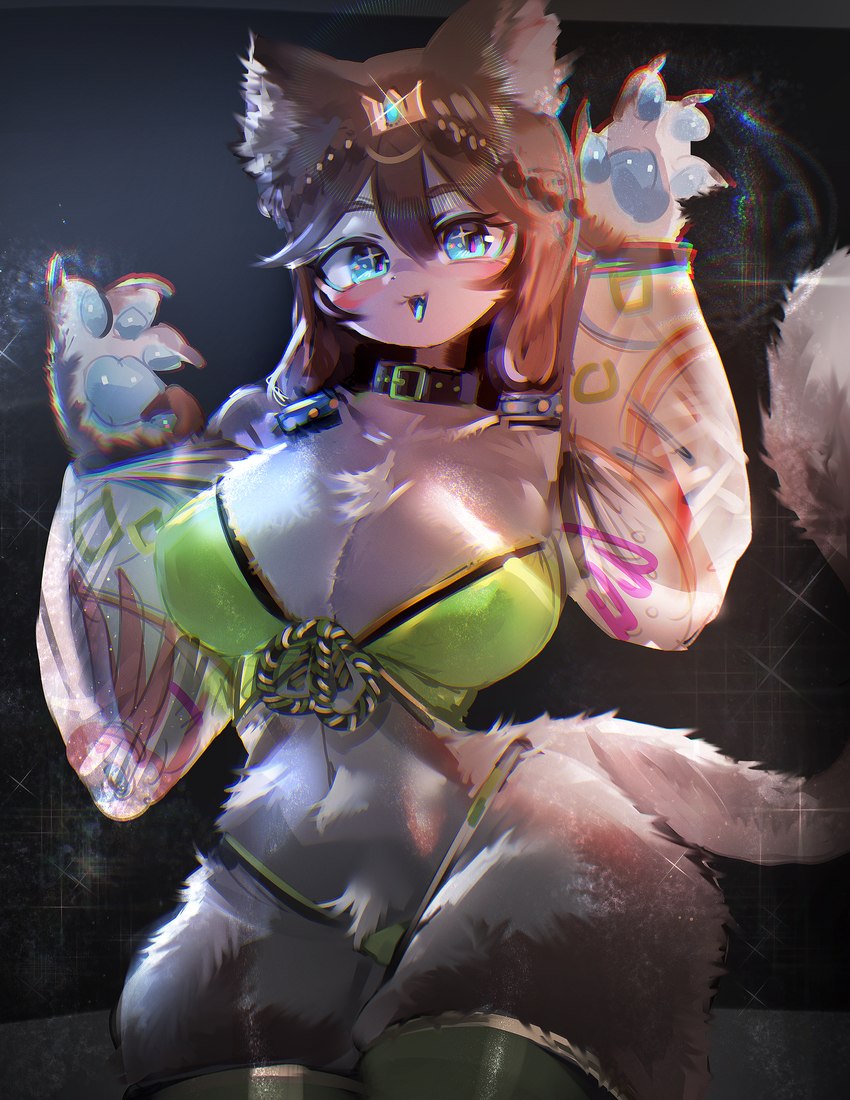 anthro big_breasts biped blue_eyes blue_pawpads blue_tongue blush bra breasts brown_hair chest_tuft claws clothing collar eyebrow_through_hair eyebrows female green_bra green_clothing green_panties green_underwear hair inner_ear_fluff looking_at_viewer navel open_mouth panties pawpads paws simple_background solo thick_thighs tongue translucent translucent_hair tuft underwear utterangle felid feline mammal absurd_res chromatic_aberration digital_media_(artwork) digital_painting_(artwork) hi_res shaded