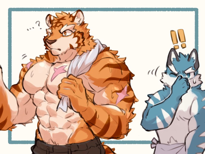 abs anthro arm_scar black_bottomwear black_clothing black_pants blue_body blue_eyes blue_fur bottomwear chest_scar clothed clothing duo fur male muscular muscular_anthro muscular_male orange_body orange_eyes orange_fur pants pecs scar simple_background striped_body striped_fur stripes topless towel towel_on_shoulder towel_only white_body white_fur aidemcc knights_college argo_northrop grantly_bell canid canine canis felid mammal pantherine tiger wolf 2022 4:3 digital_drawing_(artwork) digital_media_(artwork) hi_res