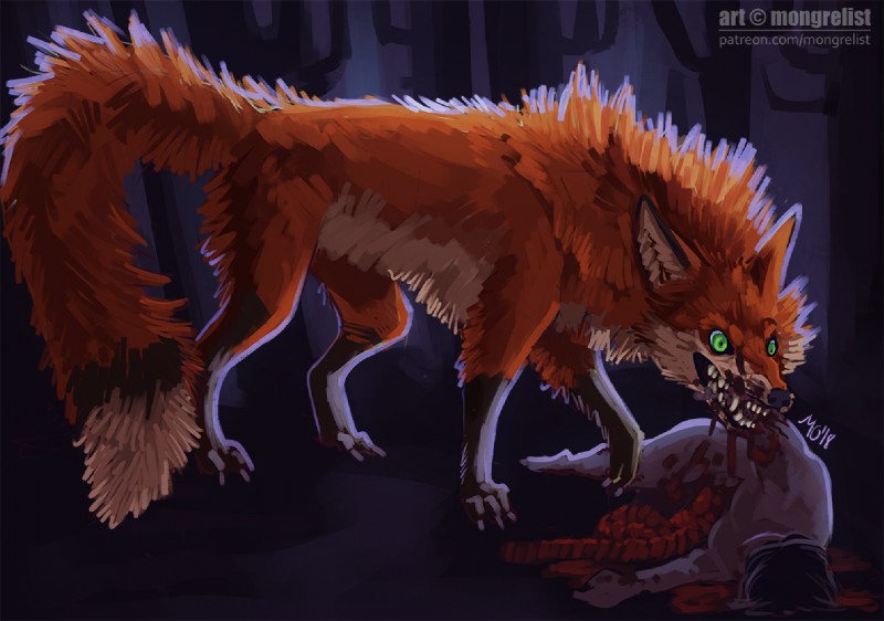 ambiguous_gender blood blood_in_mouth blood_on_face bodily_fluids death disembowelment entrails feral forest fur gore green_eyes guts hard_vore insane intestines night orange_body orange_fur organs plant sharp_teeth solo teeth tree violence vore mongrelist canid canine fox mammal 2018 digital_media_(artwork) digital_painting_(artwork)