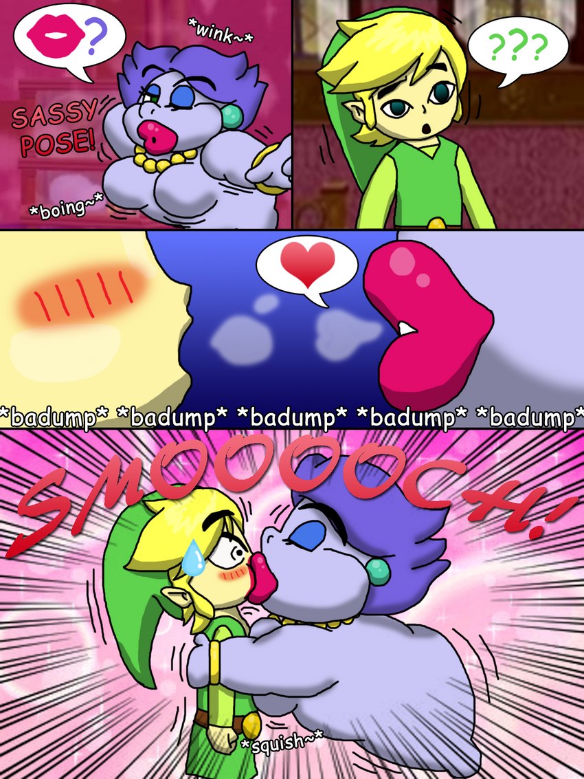 blonde_hair blush breast_squish breasts clothing duo featureless_breasts female hair heart_symbol humanoid_pointy_ears kiss_mark kiss_on_lips kissing lipstick makeup male male/female not_furry one_eye_closed pictographics purple_hair speech_bubble squish text wide_eyed wink the_scale_train mario_bros nintendo paper_mario the_legend_of_zelda wind_waker madame_flurrie toon_link elemental_creature humanoid hylian 2016 3:4 comic crossover english_text hi_res