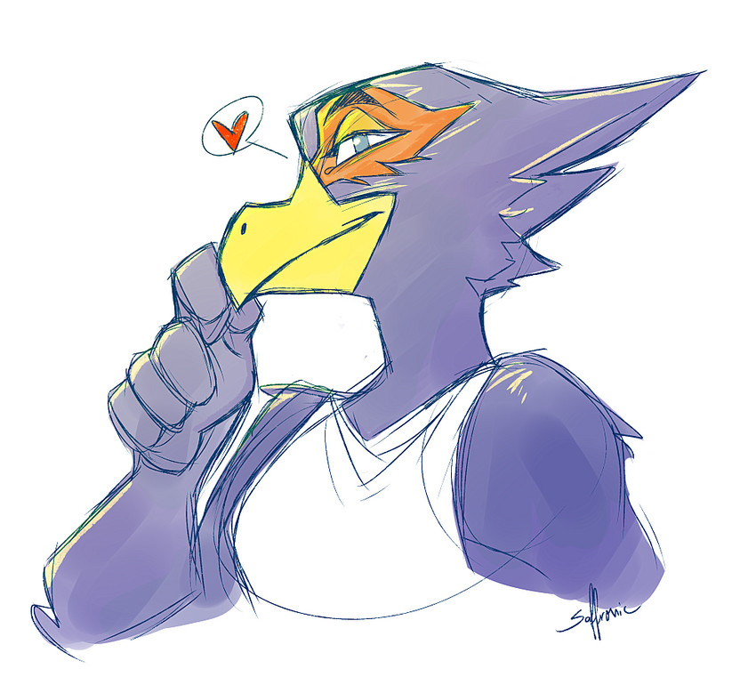 5_fingers anthro beak blue_body blue_feathers clothing eyebrows feathers fingers half-closed_eyes heart_symbol male narrowed_eyes red_body red_feathers shirt smile solo topwear saffronic nintendo star_fox falco_lombardi avian bird 2020 sketch