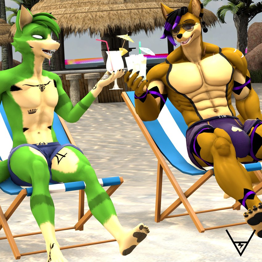 5_fingers 5_toes abs anthro beach beverage biceps big_bulge black_hair blue_clothing blue_swimming_trunks blue_swimwear brown_body brown_fur bulge chair chest_tattoo claws clothing day detailed_background duo eyewear feet finger_claws fingers fur furniture green_body green_fur green_hair hair hand_tattoo highlights_(coloring) leg_tattoo lounge_chair male multicolored_body multicolored_fur multicolored_hair muscular muscular_anthro muscular_arms muscular_legs muscular_male navel open_mouth open_smile outside pecs purple_clothing purple_eyes purple_hair purple_highlights purple_swimming_trunks purple_swimwear short_hair sitting smile snout sunglasses swimming_trunks swimwear tan_body tan_fur tattoo toes two_tone_body two_tone_fur two_tone_hair shockstarbaby valorlynz_(modeler) warfaremachine_(modeler) peter_west_(shockstarbaby) tim_(ssjtim) canid canine canis fox mammal wolf 1:1 2025 3d_(artwork) digital_media_(artwork) hi_res source_filmmaker_(artwork) watermark