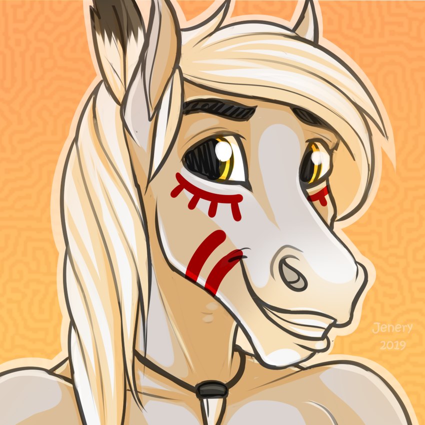 anthro eyebrows hair jewelry looking_at_viewer markings necklace simple_background smile solo teeth tribal tribal_markings white_body white_hair yellow_eyes jenery tristan_(wasen) equid equine horse mammal 1:1 digital_media_(artwork)