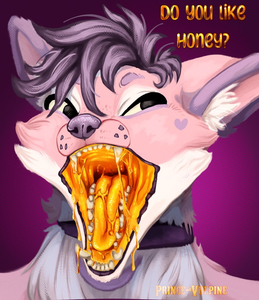 ambiguous_gender anthro black_eyes bodily_fluids drooling fangs food fur hair inner_mouth looking_at_viewer mouth_shot open_mouth pink_body pink_fur purple_body purple_fur purple_hair purple_nose saliva saliva_string simple_background solo teeth text tongue tongue_out prince-vulpine canid canine mammal honey_(disambiguation) hi_res