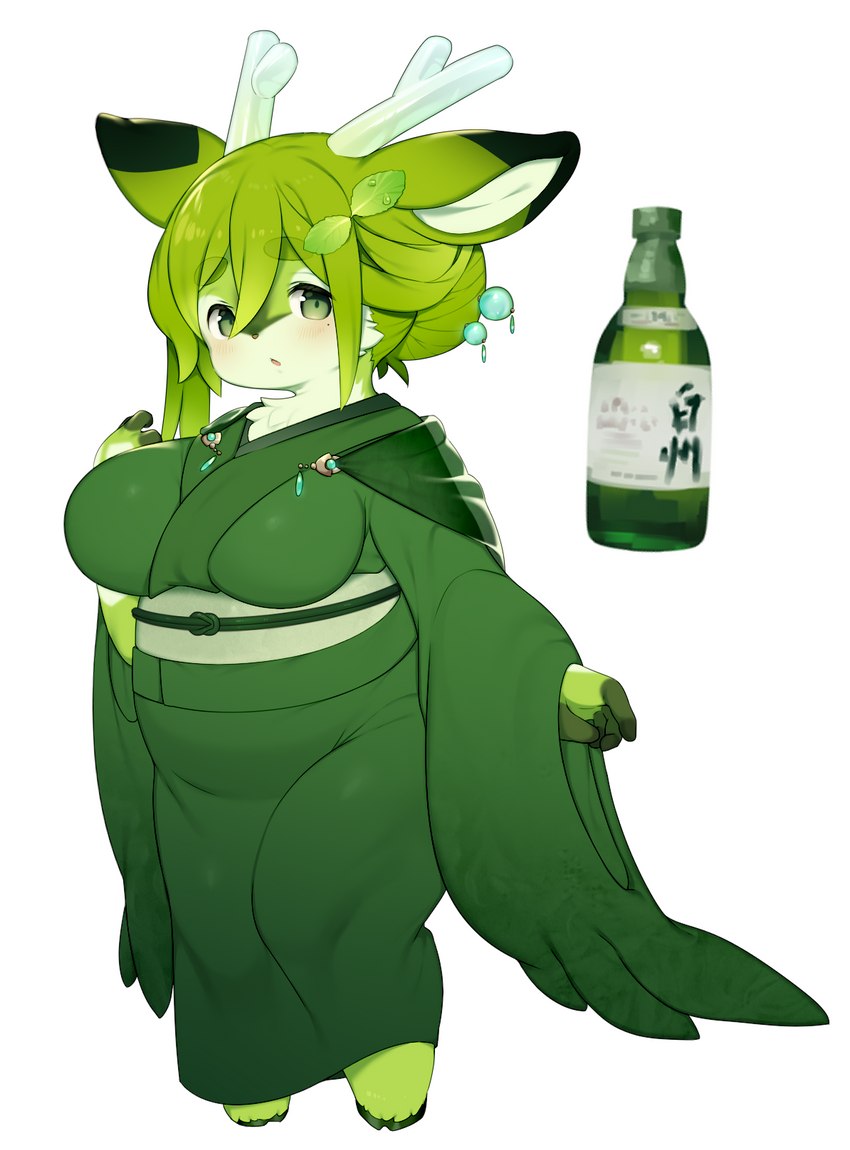 alcohol alternate_species anthro asian_clothing beverage big_breasts blush bottle breasts chest_tuft clothing container east_asian_clothing female female_anthro fingers fur furrification green_body green_clothing green_eyes green_fur green_hair green_kimono hair japanese_clothing kemono kimono looking_at_viewer overweight overweight_anthro overweight_female personification simple_background solo tuft whiskey white_background mofuaki deer mammal 2021 alternate_version_at_source green_theme hi_res