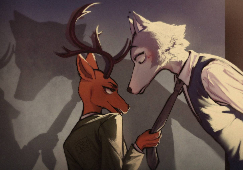 anthro antlers biped blush clothed clothing clothing_pull duo eye_contact horn looking_at_another male necktie necktie_pull shadow smile torixpeach beastars louis_pulling_legoshi legoshi_(beastars) louis_(beastars) canid canine canis cervine deer mammal red_deer wolf 2019 redraw signature