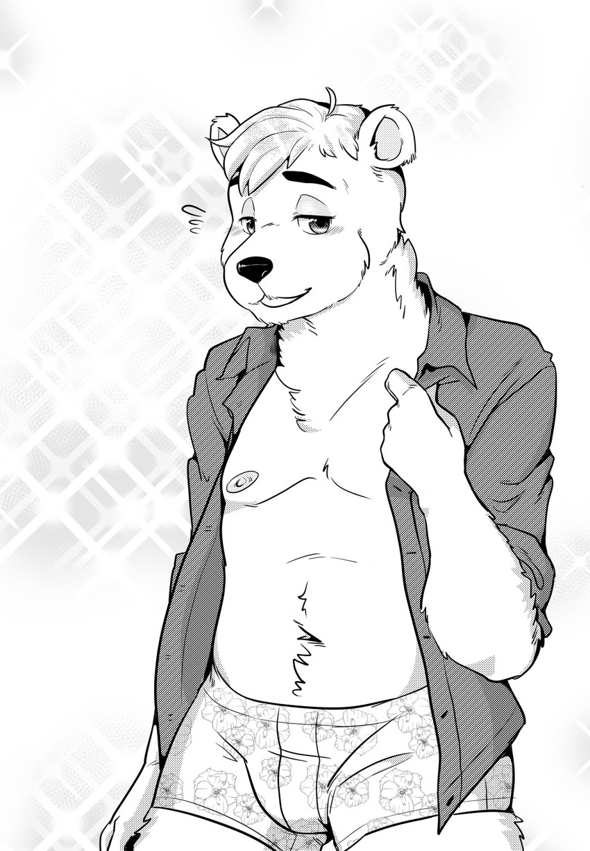 anthro belly boxer_briefs clothing looking_at_viewer male pose shirt slightly_chubby smile solo standing topwear underwear bluebun aggretsuko sanrio shirota_(aggretsuko) bear mammal polar_bear ursine greyscale hi_res monochrome pinup portrait three-quarter_portrait