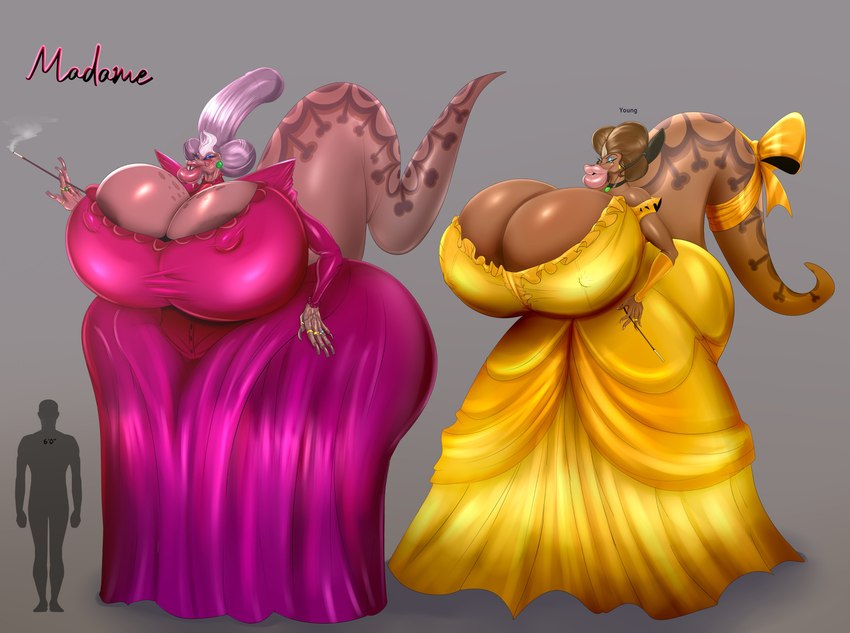 age_difference aged_down anthro big_breasts big_butt bodily_fluids breasts butt chart clothing comparing dress duo elderly elderly_female female hair height_chart huge_breasts huge_butt hyper hyper_breasts hyper_lips jewelry lips long_hair long_nails nipple_outline saliva simple_background size_difference smoking teeth thick_lips tight_clothing tooth_gap wrinkles mrmadhead madame_(mrmadhead) reptile scalie snake absurd_res hi_res