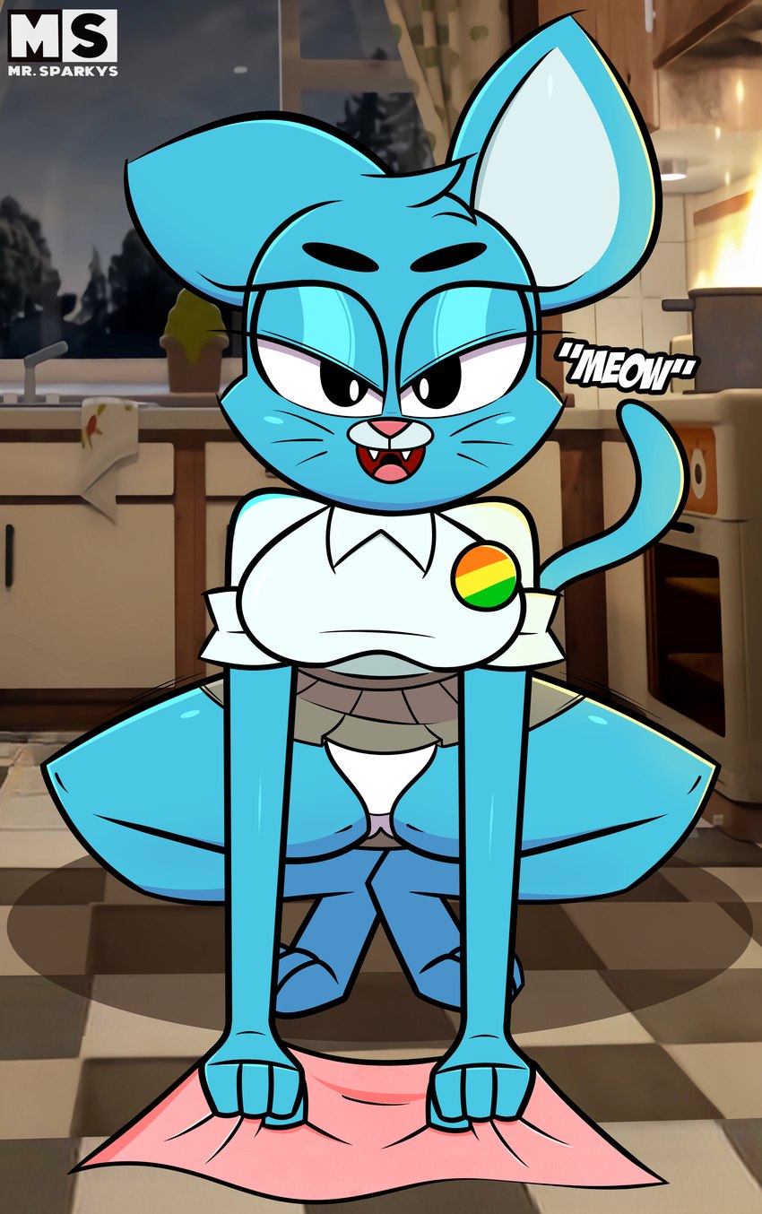 anthro blue_body blue_fur bottomwear breasts clothed clothing female fur panties shirt skirt solo spread_legs spreading tail topwear underwear upskirt sparksaxel cartoon_network the_amazing_world_of_gumball nicole_watterson domestic_cat felid feline felis mammal absurd_res hi_res