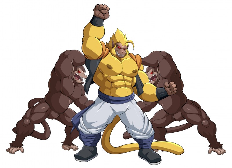 anthro big_muscles brown_body brown_fur clothed clothing featureless_crotch fur fusion fusion_dance group male muscular muscular_male nude red_eyes simple_background white_background maldu dragon_ball dragon_ball_z gogeta mammal oozaru primate hi_res