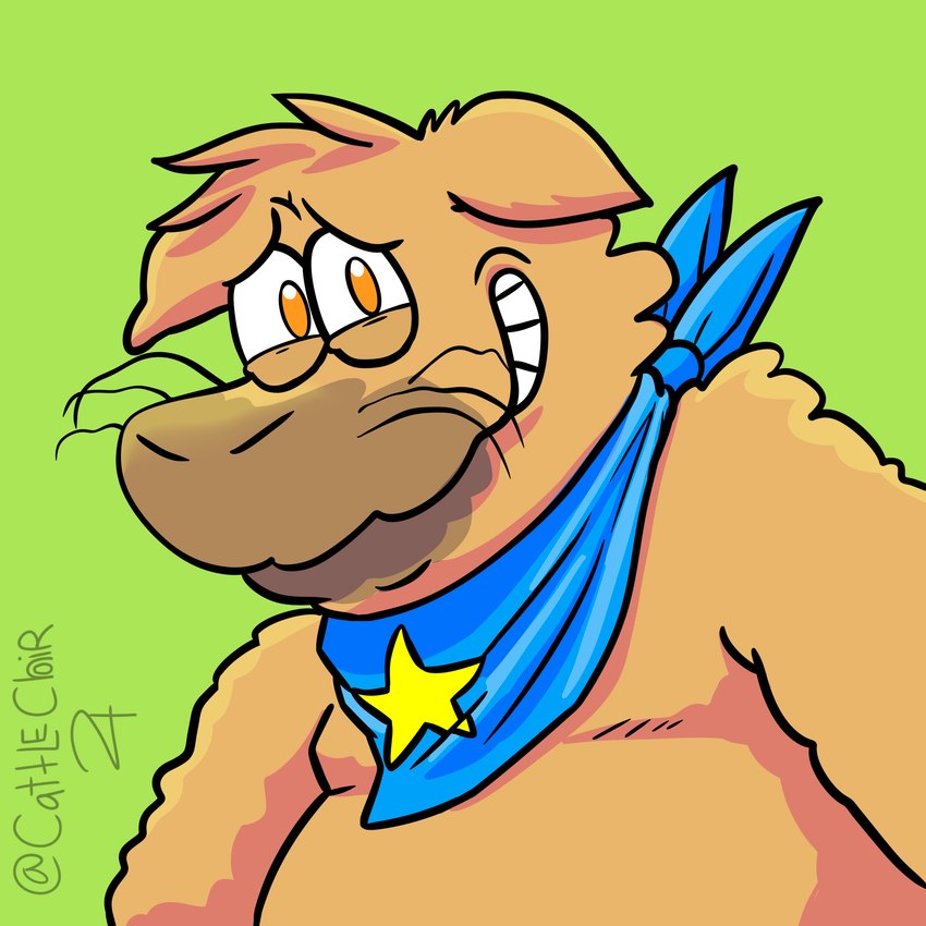 anthro belly big_belly black_whiskers blue_kerchief blue_neckerchief bright_background bright_eyes brown_body brown_fur brown_nose brown_snout button_ears chest_tuft dark_body dark_fur embarrassed eye_glint eyebrows eyelids facial_markings floppy_ears fluffy forced_smile front_view fur fur_markings green_background grin grinning_at_viewer head_markings head_tuft kerchief kerchief_only leaning leaning_forward looking_at_viewer male markings mostly_nude multicolored_body multicolored_fur multicolored_kerchief multicolored_neckerchief neckerchief neckerchief_only neckwear nose_markings orange_eyes outline overweight overweight_anthro overweight_male scruffy simple_background slit_nostrils smile snout snout_markings solo star_(shape) symbol teeth thick_outline tuft two_tone_kerchief two_tone_neckerchief whiskers year cattlechoir kiwifruitdev claude_maxwell california_sea_lion mammal marine pinniped sea_lion 1:1 2024 absurd_res artist_name bust_portrait hi_res portrait shaded signature