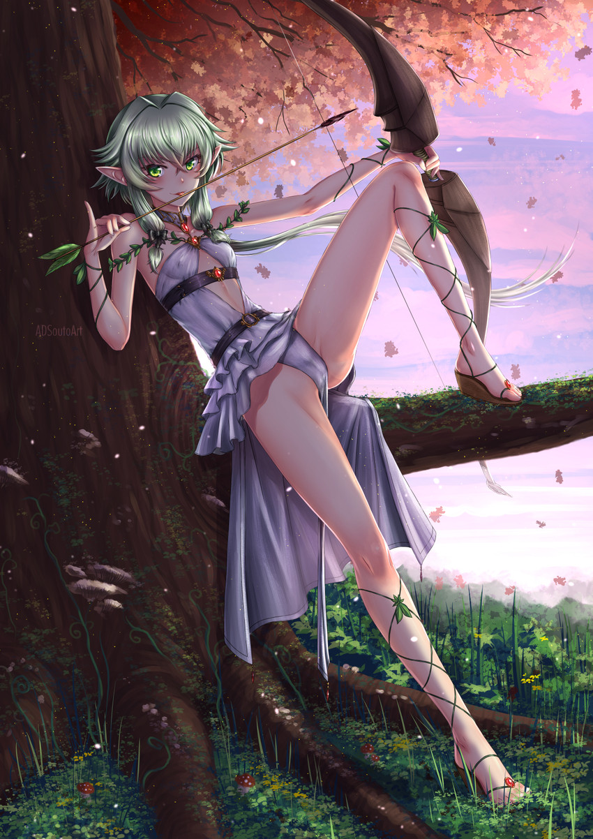 arrow_(weapon) bow_(weapon) breasts camel_toe clothing exposure_variation female green_eyes green_hair hair humanoid_pointy_ears nipple_outline not_furry pointy_ears ranged_weapon simple_background small_breasts solo weapon adsouto goblin_slayer high_elf_archer_(goblin_slayer) elf humanoid hi_res