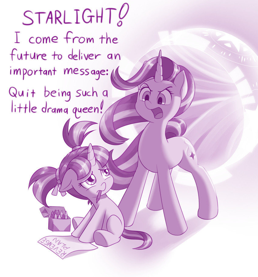 crayon dialogue duo female feral horn pigtails portal sad text time_travel time_traveler twintails_(hairstyle) young dstears friendship_is_magic hasbro my_little_pony mythology starlight_glimmer_(mlp) equid equine mammal mythological_creature mythological_equine unicorn english_text hi_res monochrome purple_and_white