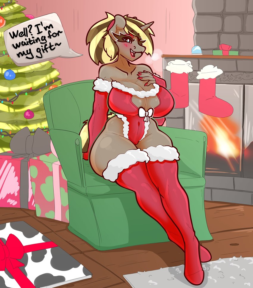 5_fingers anthro armchair big_breasts biped breasts chair christmas_clothing christmas_elbow_gloves christmas_stocking christmas_thigh_highs christmas_tree clothed clothing colored_nails female fingers furniture gift hair holidays horn huge_breasts inside legwear nails navel_outline open_mouth open_smile plant red_clothing red_legwear red_nails red_thigh_highs sitting skimpy smile solo speech_bubble striped_hair text thigh_highs tree slavedemorto christmas mythology equid equine mammal mythological_creature mythological_equine unicorn 2024 absurd_res english_text hi_res