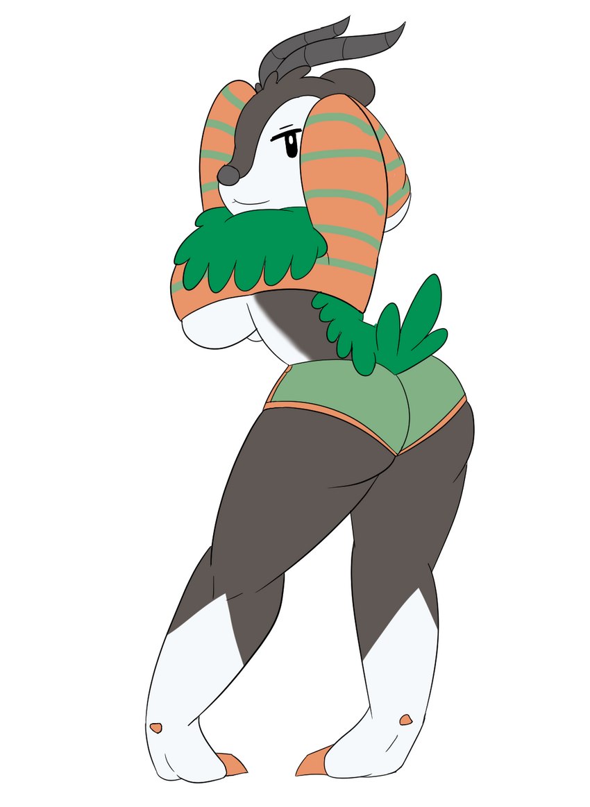 5_fingers anthro bedroom_eyes big_breasts big_butt biped blaze_(marking) bottomwear breasts brown_eyes butt clothed clothing countershading crop_top curvy_figure eyebrows facial_markings female fingers fur green_bottomwear green_clothing green_shorts green_tuft grey_body grey_fur hands_behind_head head_markings horn huge_breasts leg_markings looking_at_viewer looking_back markings narrowed_eyes neck_tuft outline pasties pattern_clothing pattern_topwear raised_clothing raised_shirt raised_topwear seductive shirt shorts simple_background socks_(marking) solo standing striped_clothing striped_topwear stripes teeth text thick_thighs tight_clothing topwear tuft under_boob white_background white_body white_countershading white_fur wide_hips trigoat nintendo pokemon fauny bovid caprine generation_6_pokemon mammal pokemon_(species) skiddo 2022 digital_media_(artwork) english_text full-length_portrait hi_res portrait shaded