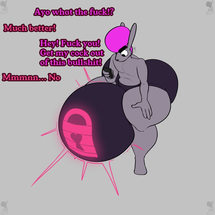 anthro big_bulge big_butt bottomwear bulge butt chastity_bulge chastity_device clothing hotpants huge_bulge huge_butt hyper hyper_bulge lock_symbol male null_bulge shorts solo thechavicgerman_(artist) sebastian_cummins_(thechavicgerman) lagomorph leporid mammal rabbit 1:1 hi_res