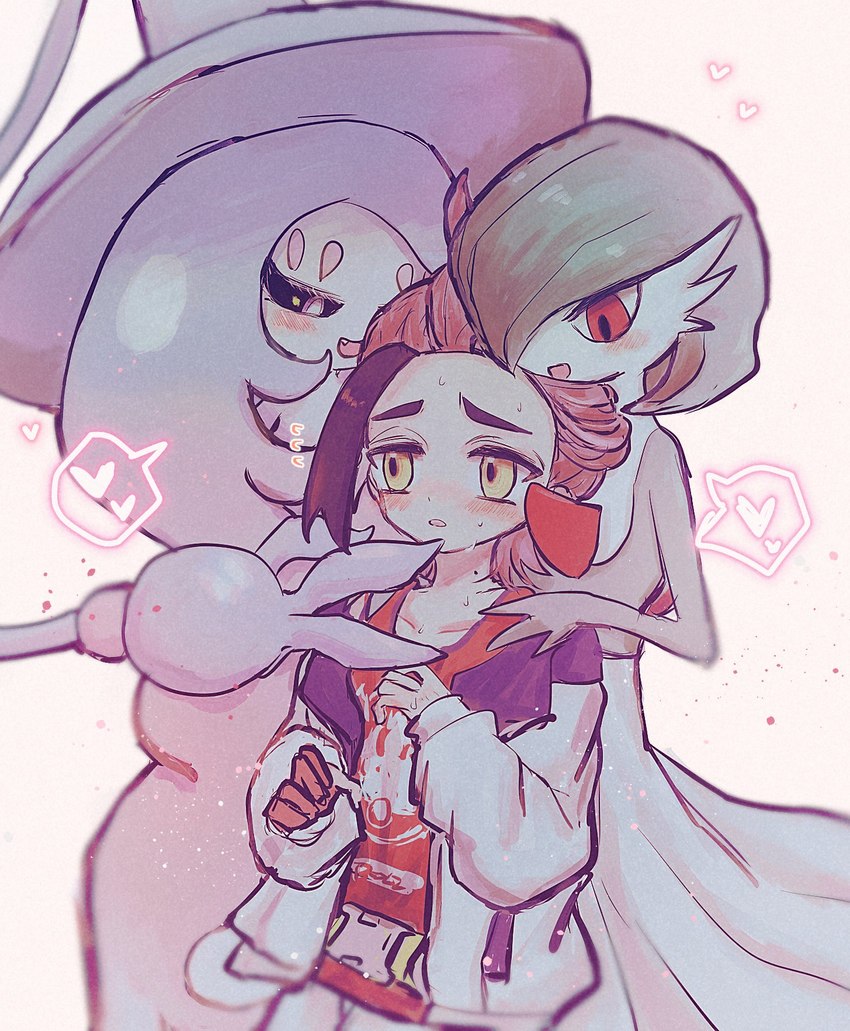 blush chest_horn female group heart_symbol interspecies male male/female not_furry pokephilia trio horimhkw11 nintendo pokemon kieran_(pokemon) gardevoir generation_3_pokemon generation_8_pokemon hatterene human humanoid mammal pokemon_(species) hi_res