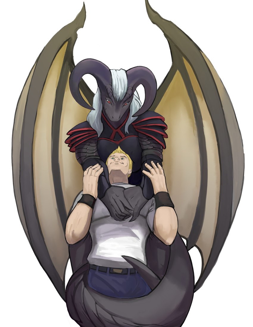 anthro duo female female_on_human hug human_on_anthro_romance male male/female married_couple membrane_(anatomy) membranous_wings smile tail wings hattonslayden mythology b-man beelzebub_(jasonvuk666) dragon human mammal mythological_creature mythological_scalie scalie absurd_res hi_res