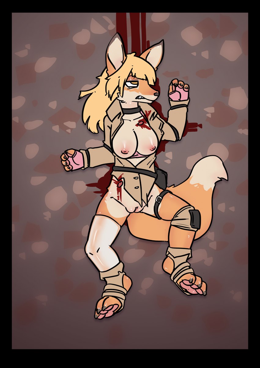 3_toes anthro big_breasts black_border blonde_hair blood blood_pool bodily_fluids border bottomless bra_down breasts bullet_wound choker clitoris clothed clothing corpse countershade_torso countershading death dipstick_tail eye_roll fatal_wound feet female female_death fingerless_gloves fluffy fluffy_tail genitals gloves gore gore_focus gunshot_wound hair handwear jewelry killing markings morbid necklace nipples nude partially_clothed partially_clothed_female pawpads pussy snuff soles solo spread_legs spreading tail tail_markings toes topwear topwear_only vest vest_only crowskull combat_cat_studio iron_desert wild_assault akai_hime_(wild_assault) canid canine fox mammal hi_res