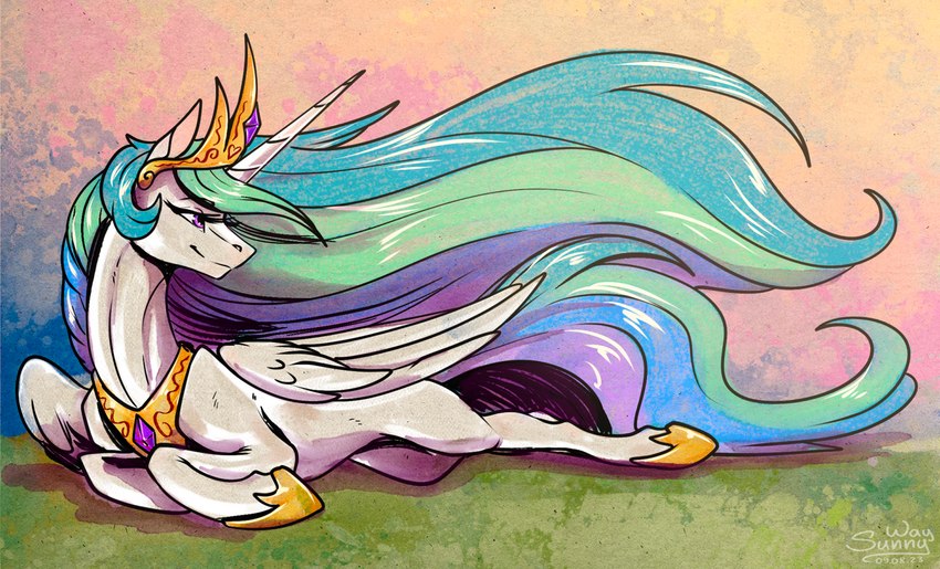 female feral horn princess regalia rest royalty smile solo wings sunny_way friendship_is_magic hasbro my_little_pony mythology princess_celestia_(mlp) equid equine horse mammal mythological_creature mythological_equine pony winged_unicorn digital_media_(artwork) digital_painting_(artwork) digital_watercolor_(artwork) hi_res