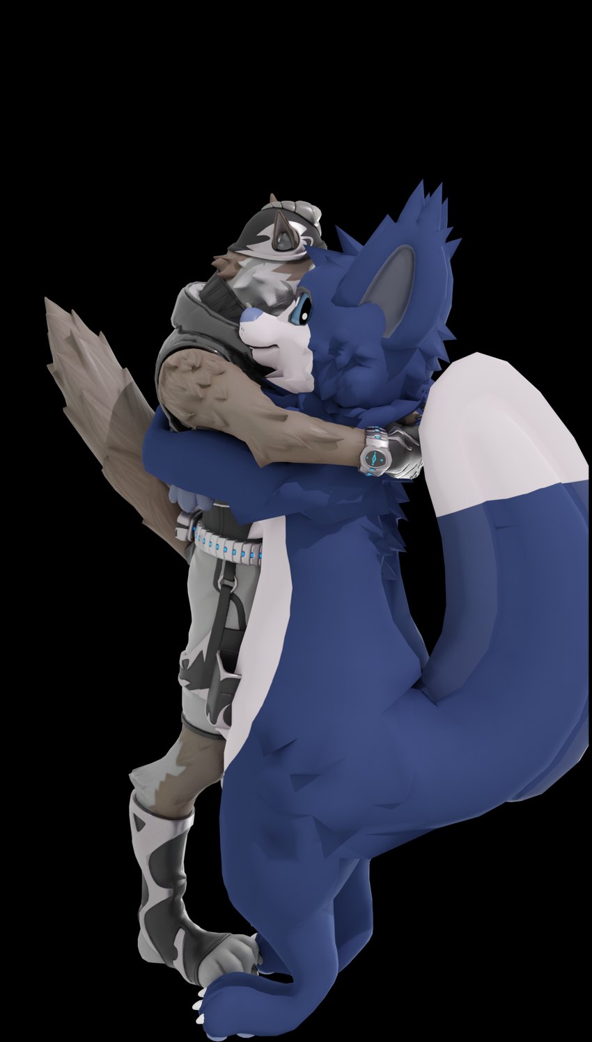 anthro blue_body blue_fur brown_body brown_fur clock duo fur hug male male/male simple_background tail transparent_background watch white_body white_fur epic_games fortnite wendell_(fortnite) canid canine canis fox mammal taidum wolf 3d_(artwork) alpha_channel digital_media_(artwork) hi_res