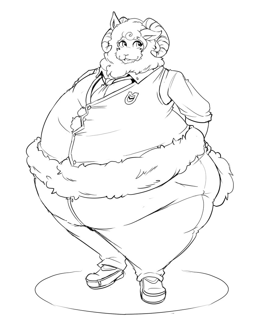 anthro belly biped bottomwear clothing footwear fur male midriff morbidly_obese necktie obese overweight pants school_uniform shoes simple_background solo student tight_clothing uniform white_background wool_(fur) daikanu beastars bovid caprine domestic_sheep mammal merino_sheep sheep absurd_res hi_res line_art monochrome