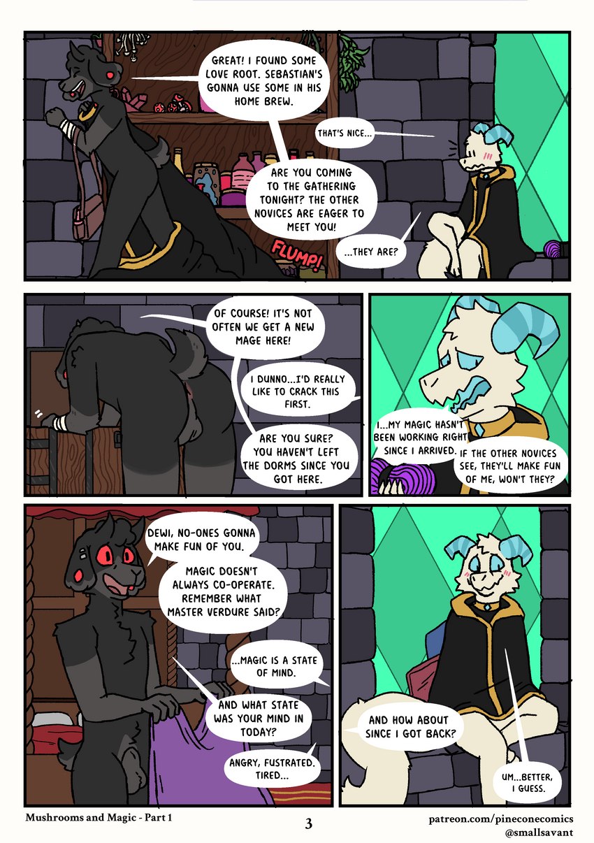 animal_genitalia anthro anus backsack balls base_three_layout bent_over blush blush_lines bound casual_nudity clothed clothed/nude clothed_male clothing dialogue duo embarrassed fantasy five_frame_image fully_sheathed genitals magic magic_user male nude rope sheath text three_row_layout tower undressing smallsavant bovid caprine goat kobold mammal scalie absurd_res comic english_text hi_res url