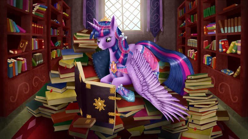 book clothing crown detailed_background feathered_wings feathers female feral fur hair headgear horn inside library multicolored_hair purple_body purple_eyes purple_feathers purple_fur reading smile solo spread_wings tapestry window wings szafir87 friendship_is_magic hasbro my_little_pony mythology twilight_sparkle_(mlp) equid equine mammal mythological_creature mythological_equine winged_unicorn 16:9 2016 hi_res widescreen