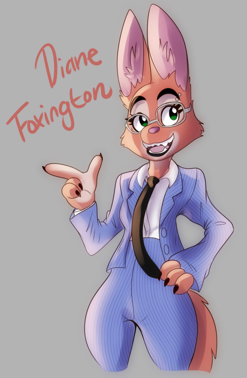 anthro clothed clothing eyebrow_piercing eyewear facial_piercing female fully_clothed glasses grey_background hand_on_hip open_mouth piercing simple_background solo suit solratic dreamworks the_bad_guys diane_foxington canid canine fox mammal 2021 hi_res