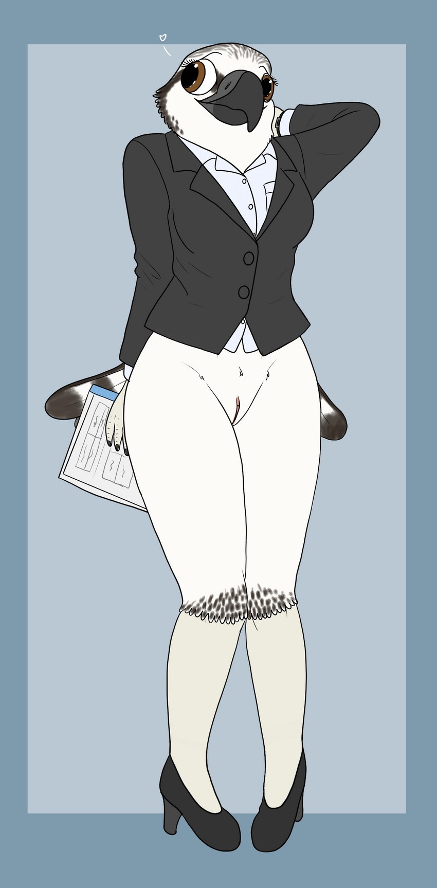 anthro bottomless bottomless_female brown_eyes business_attire business_suit businesswear clitoral_hood clitoris clothed clothing female footwear genitals heart_symbol high_heels office pussy shoes shy simple_background solo suit fish_birb lizzy_(fish_birb) accipitriform avian bird osprey absurd_res hi_res