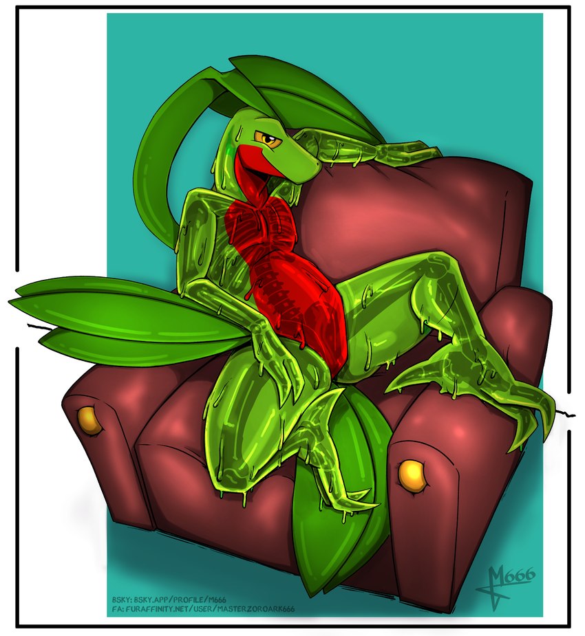 armchair chair digitigrade furniture glistening glistening_body goo_body looking_at_viewer sitting slime spread_legs spreading translucent visible_skeleton winged_arms wings masterzoroark666 nintendo pokemon shinny generation_3_pokemon grovyle pokemon_(species) hi_res