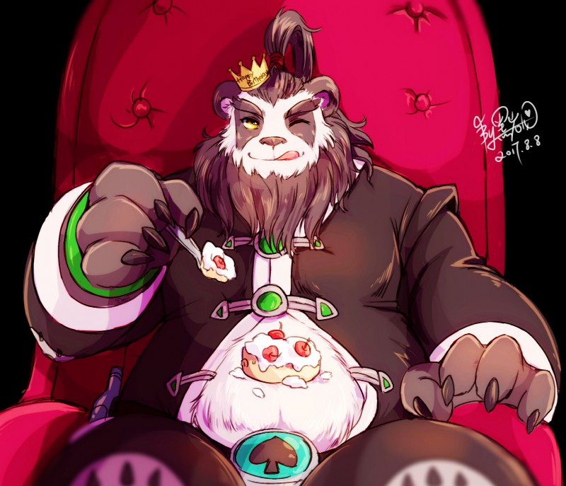 anthro belly biped black_body black_fur cake crown dessert food fur headgear male one_eye_closed overweight overweight_anthro overweight_male sitting solo tongue tongue_out white_body white_fur wink warlocknyan blizzard_entertainment warcraft bear mammal pandaren 2017 hi_res