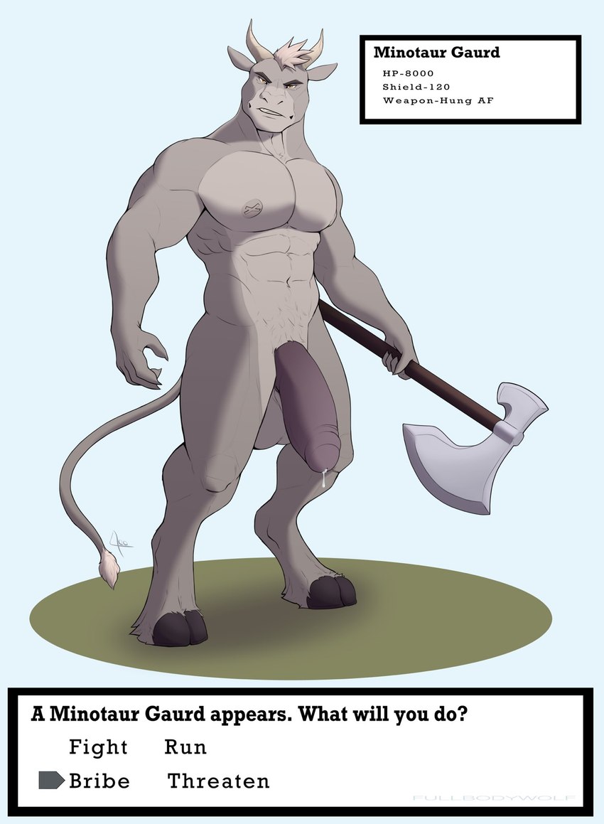 5_fingers abs anthro areola axe balls big_balls big_penis biped bodily_fluids dripping eyebrows fingers foreskin fur gameplay_mechanics genital_fluids genitals glans hair half-erect holding_axe holding_object hooves horn huge_penis humanoid_genitalia humanoid_hands humanoid_penis long_tail looking_at_viewer male muscular muscular_anthro muscular_male navel nipples nude_anthro nude_male partially_retracted_foreskin pecs penis pose precum precum_drip question short_hair simple_background solo standing stats tail tan_body tan_fur tan_hair text yellow_eyes fullbodywolf european_mythology greek_mythology mythology bovid bovine mammal minotaur 2023 colored english_text full-length_portrait hi_res portrait shaded signature