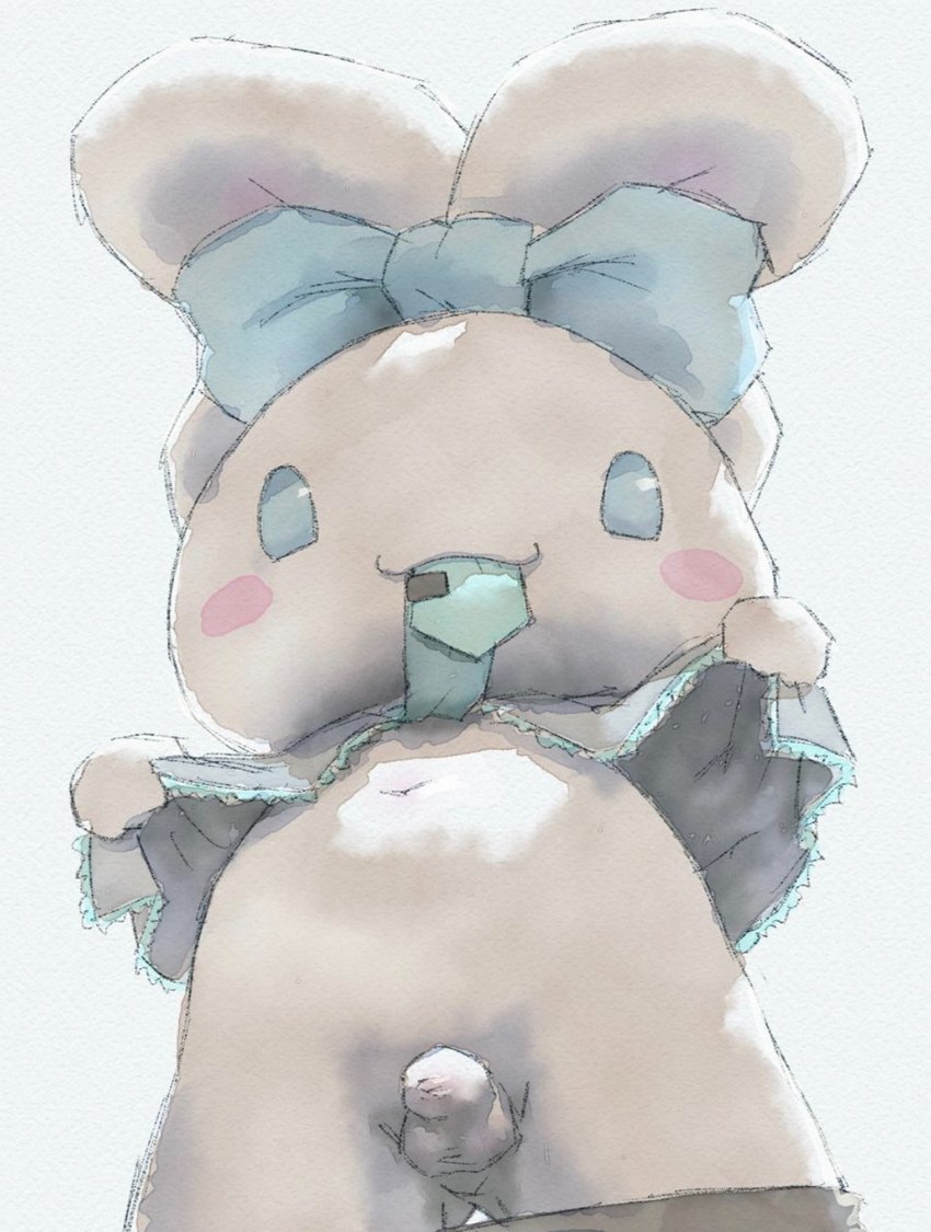 anthro bite blue_eyes blue_ribbon blush foreskin genitals kemono male navel penis presenting presenting_penis smile smiling_at_viewer solo apluss cinnamoroll sanrio cinnamon_(cinnamoroll) canid canine canis domestic_dog mammal hi_res