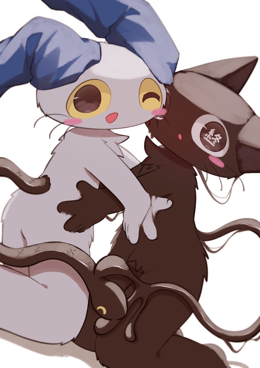 ;d ;o ambiguous_gender anthro black_eyes blush blush_stickers duo kneeling living_tail looking_at_viewer male male/ambiguous one_eye_closed open_mouth shadow snake_tail tail text_in_eyes unusual_anatomy unusual_tail yellow_sclera aiue1o4 neko_no_teach-kun oyasaioni9 sam_(neko_no_teach-kun) shuu_(neko_no_teach-kun) domestic_cat felid feline felis goo_creature lagomorph leporid mammal rabbit reptile scalie snake hi_res unavailable_at_source