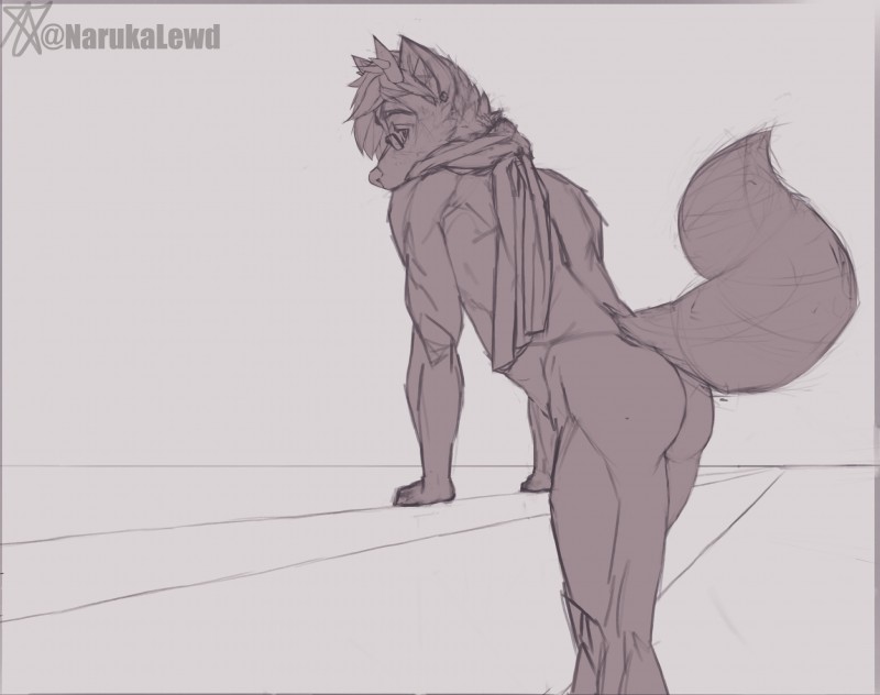 anthro athletic athletic_anthro athletic_male butt ear_piercing ear_ring eyebrows eyewear fluffy fur glasses hair horn leaning leaning_forward looking_at_viewer looking_back looking_back_at_viewer male mostly_nude piercing raised_tail ring_piercing scarf scarf_only solo tail naruka canid canine mammal maned_wolf 2019 absurd_res hi_res monochrome signature sketch unfinished watermark