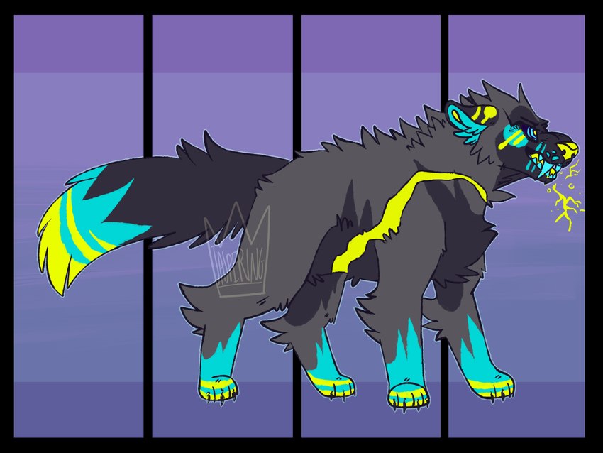 ambiguous_gender angry big_fangs black_sclera blue_body blue_eyes blue_fur blue_inner_ear_fluff blue_teeth digitigrade ears_back electricity fangs feral fur grey_body grey_fur inner_ear_fluff markings narrowed_eyes open_mouth paws pivoted_ears pupils purple_background ringed_eyes scar simple_background snarling snout solo standing tail teeth tongue tuft yellow_markings yellow_nose yellow_pupils yellow_scar yellow_tongue jaspering canid canine canis mammal wolf 2018 digital_drawing_(artwork) digital_media_(artwork) flat_colors full-length_portrait hi_res portrait watermark