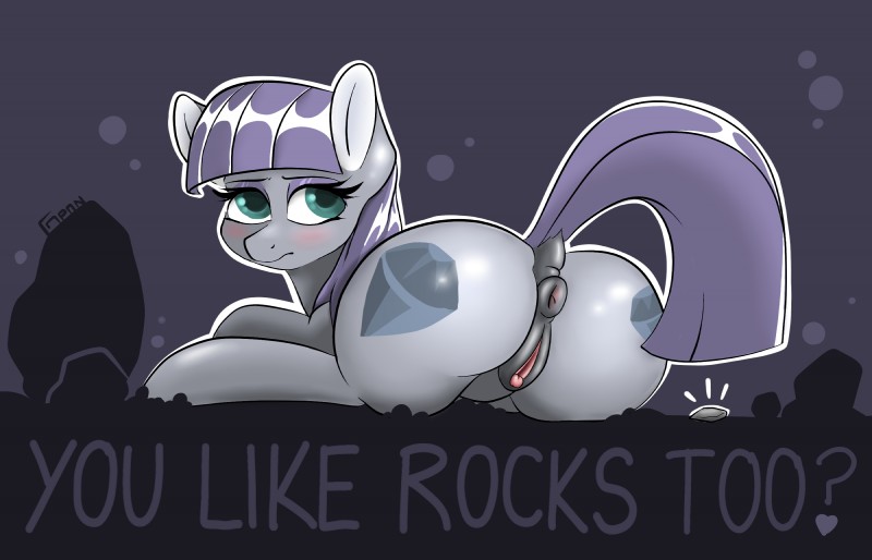 anus blush butt clitoral_winking clitoris cutie_mark female feral fur genitals grey_body grey_fur hair looking_at_viewer looking_back presenting presenting_pussy purple_hair pussy raised_tail rock solo tail teal_eyes text gigapon friendship_is_magic hasbro my_little_pony boulder_(mlp) maud_pie_(mlp) earth_pony equid equine horse mammal pony 14:9 2014 english_text hi_res