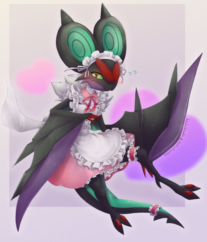 accessory anthro anthrofied blush clothed clothing female furgonomics garter heart_background heart_symbol legwear maid_uniform membrane_(anatomy) membranous_wings pokemorph simple_background solo tail tail_accessory tail_garter uniform winged_arms wings kakiikada nintendo pokemon generation_6_pokemon noivern pokemon_(species) absurd_res hi_res