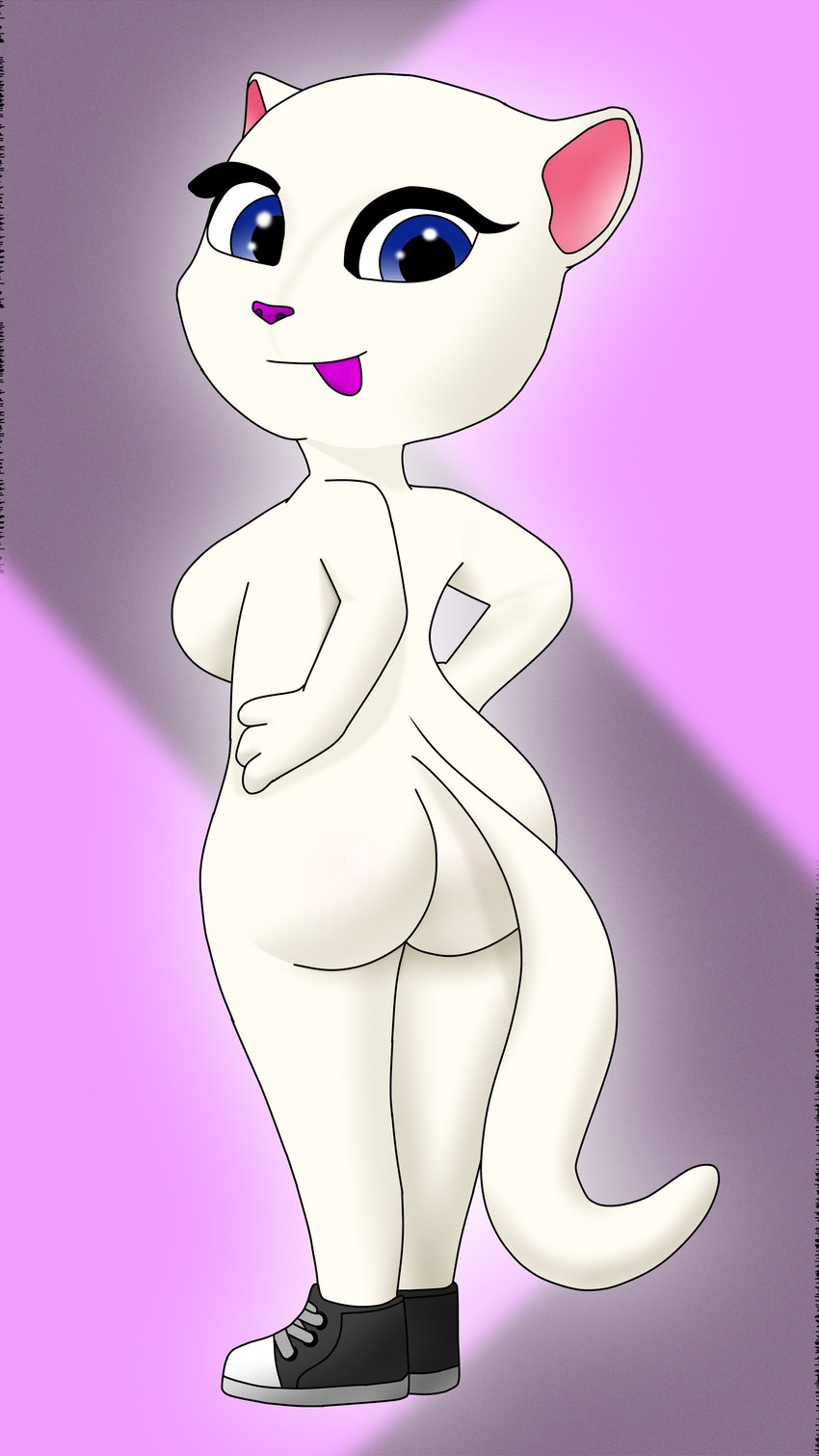 anthro big_breasts big_butt black_clothing black_footwear black_shoes blue_eyes breasts bubble_butt butt clothing female footwear glistening glistening_eyes glowing hair hands_on_hips looking_back mostly_nude presenting presenting_hindquarters purple_background shoes simple_background smile smiling_at_viewer solo tail tongue tongue_out white_hair anonymous_artist my_talking_angela my_talking_angela_2 outfit_7 talking_tom_and_friends talking_angela domestic_cat felid feline felis humanoid mammal 8k 9:16 absurd_res alternate_version_at_source hi_res huge_filesize traced