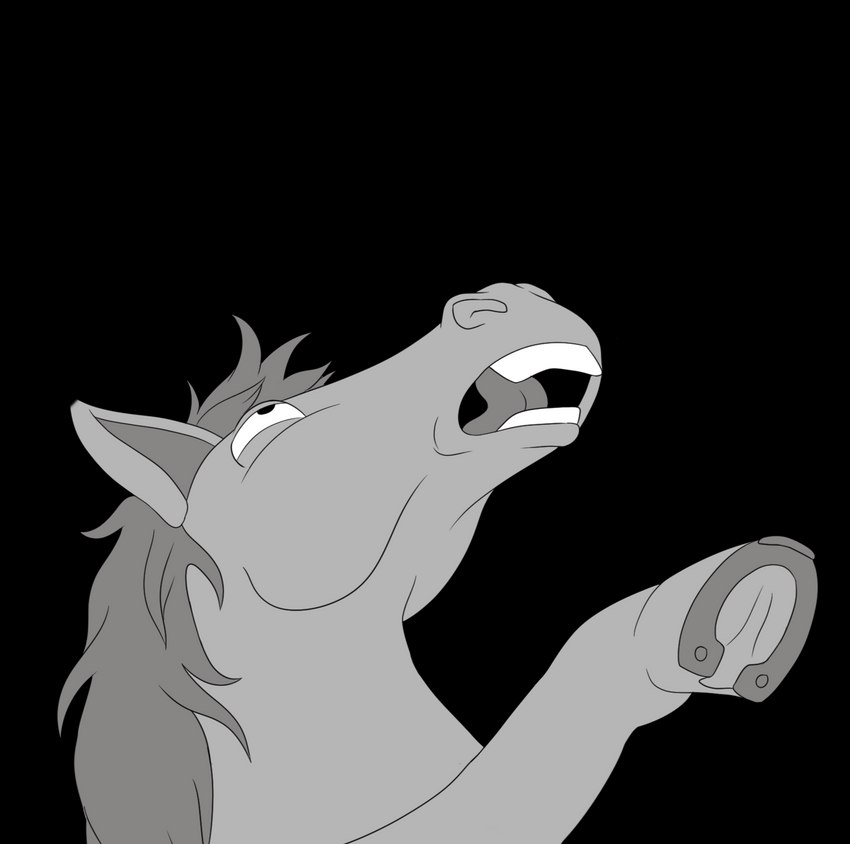 ambiguous_gender black_background feral hooves horseshoe on_hind_legs open_mouth simple_background solo toony blarf equid equine horse mammal void_(disambiguation) greyscale hi_res monochrome