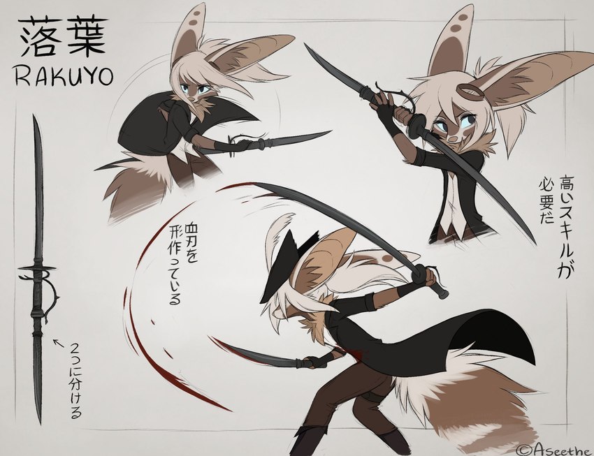 anthro clothed clothing female fur hair melee_weapon solo sword text weapon aseethe bloodborne fromsoftware sony_corporation sony_interactive_entertainment melody_(aseethe) canid canine fennec_fox fox mammal true_fox digital_media_(artwork) hi_res japanese_text signature translation_check translation_request